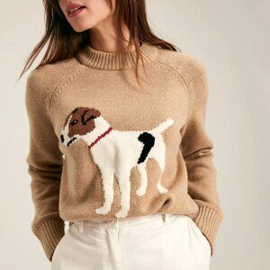 Joules Margot Intarsia Jack Russell Terrier Crew Neck Sweater, Oatmeal Tan, 14